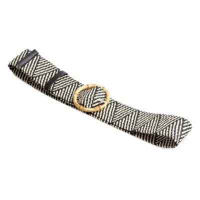 Women's Black Striped Square Buckle Belt with Gold Plated Buckle