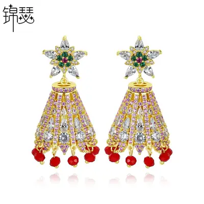 Copper Jinse Flower Bell Earrings with Zircon Tassels