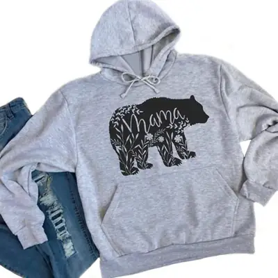 Mama Bear Hooded Sweatshirt Grey Black Print