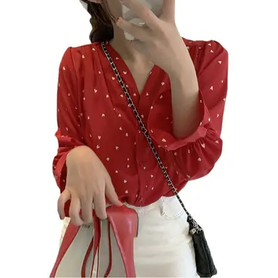 2026 Korean Style Plus Size Chiffon Shirt with Heart Neck
