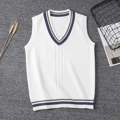 Men V-Neck Sleeveless Vest White Blue Embroidered