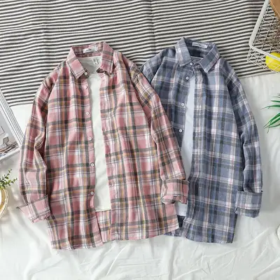 Men's Long Sleeve Plaid Shirt Korean Style Loose Casual