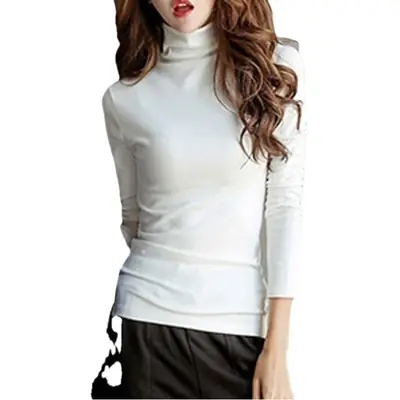 Women's White Fleece Lined High Collar T-Shirt