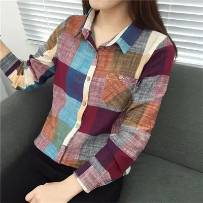 2023 Summer Korean Women Plaid Long Sleeve Shirt