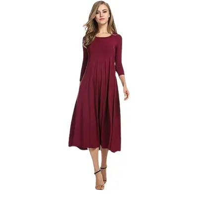 Women's Orange Round Neck Mid Sleeve Dress Large Hem