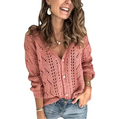 2025 Women's Cut Out Knit Cardigan Pink Blue V Neck