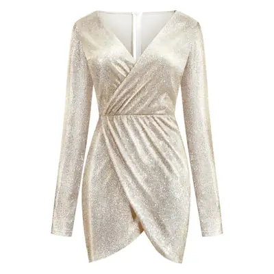 Women Long Sleeve V Neck Mini Skirt Dress Grey