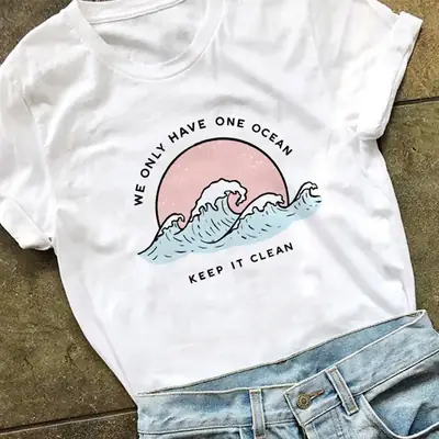 White Ocean Themed Graphic T-Shirt Short Sleeve