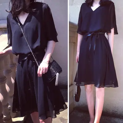 Black Chiffon V-Neck Pirate Dress Mid-Length Slim Fit