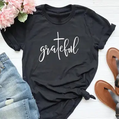 Grateful Letter T-Shirt for Men Women Black Casual Wear