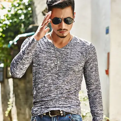 Men's Maroon Long Sleeve V-Neck T-Shirt