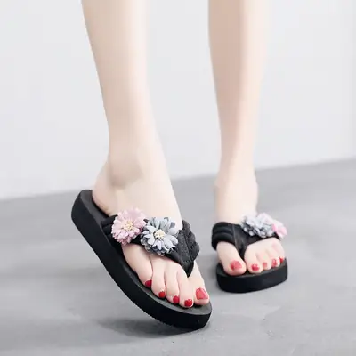 ins summer new daisy flower flip-flops women's casual sandals women's flip-flops wedge beach shoes