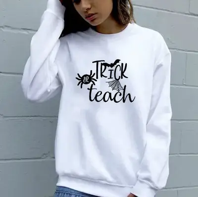 White Round Neck Sweater Trick or Teach Print