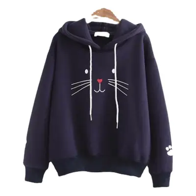 Women's Dark Blue Cat Print Hoodie Sweatshirt
