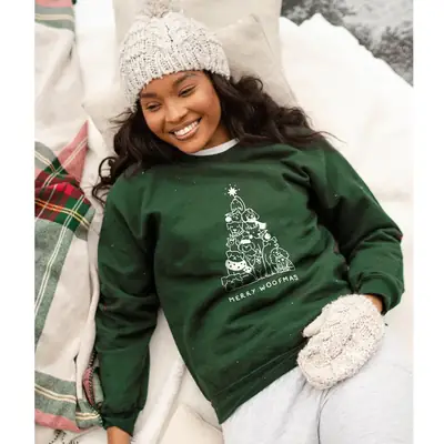 Merry Wool Crewneck Sweater Green Christmas Tree Design