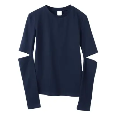 Women Navy Round Neck Slim Fit Long Sleeve Shirt