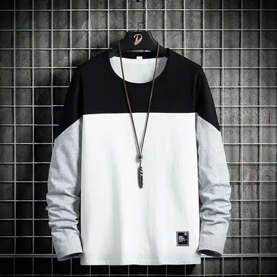 Men Korean Style Long Sleeve T-Shirt Black White Grey