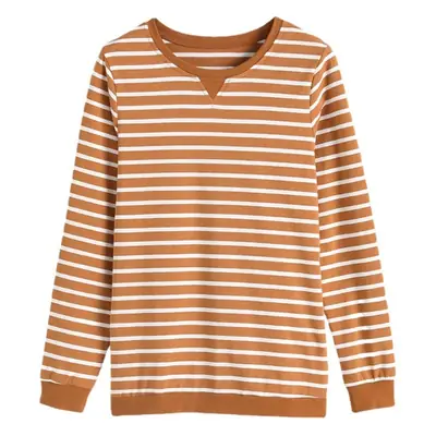 Women Cotton Striped Long Sleeve T-Shirt Brown White