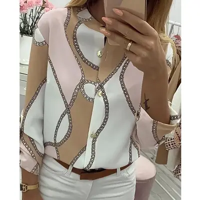 Women's 2019 Printed Lapel Shirt White Pink Beige