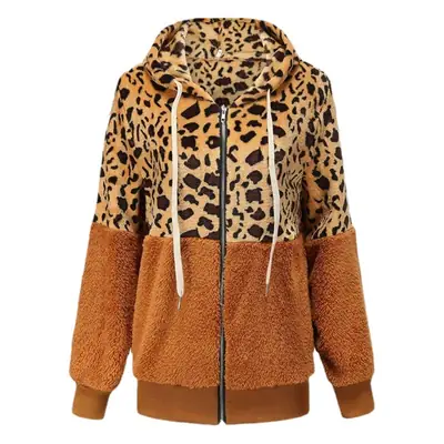 Women Leopard Print Hoodie Winter Coat Brown Velvet
