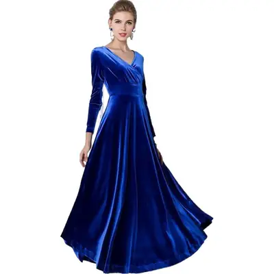 2023 Gold Velvet Long Swing V-Neck Dress for Women