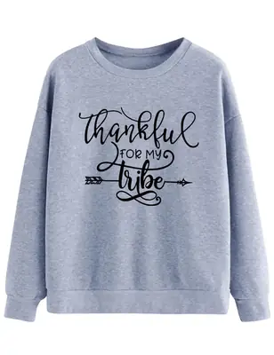 Thankful for My Tribe Round Neck Sweater Grey