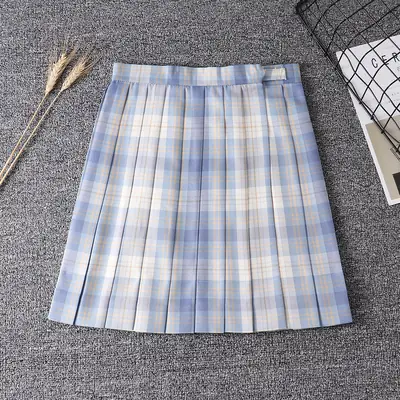 Japanese Plaid Folded Skirt Blue White for Students