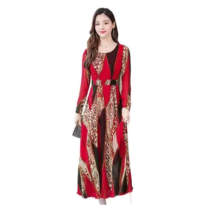Red Printed Long Sleeve Kurti with Skirt Set