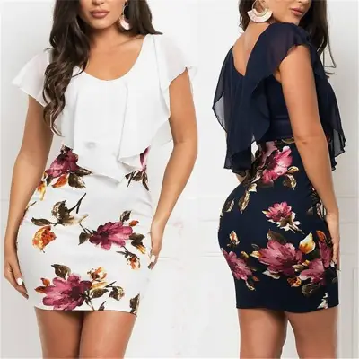 2023 Floral Printed Navy Slim Fit Dress for Women