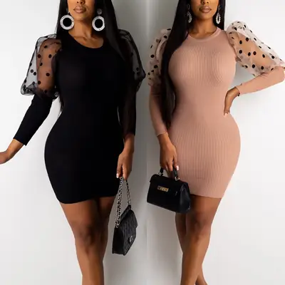 European American Cross-Border Sexy Patchwork Mesh Polka Dot Bodycon Long Sleeve Dress New Model