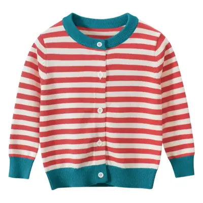 Girls Striped Cardigan Sweater Red Teal Button Front