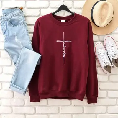 Maroon Faithoverfear Cross Sweatshirt with White Print