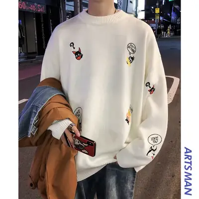 Men Korean Style Embroidered Sweater Winter Loose Round Neck