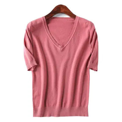 Blue V-Neck Knit T-Shirt for Women