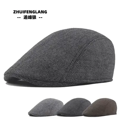 Men's Herringbone Winter Beret Cap Grey
