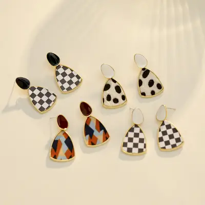 Leopard Print Earrings Black White Check Gold Plated