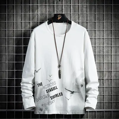 Men Korean Style Long Sleeve T-Shirt Grey Pure Cotton