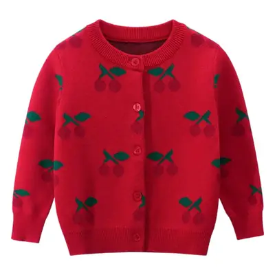 Red Cherry Embroidered Girls Sweater Coat for Girls