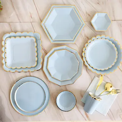 Blue Hexagon Dessert Plate Set for Boys Birthday Party