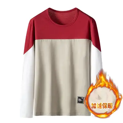 Men Fleece-Lined Patchwork Long Sleeve T-Shirt Black White Grey