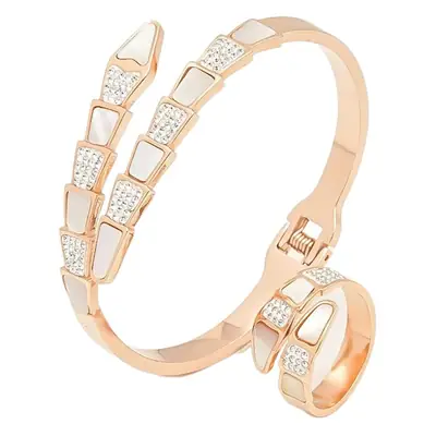Titanium Steel White Shell Snake Ring with Diamonds