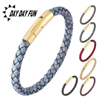 Red Braided Leather Bracelet with Gold Snap Button