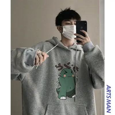 Men Fleece Hoodie Gray Cartoon Print Winter Wear