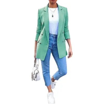 Women Blue Suit Jacket Lapel Cardigan 2020 Europe US
