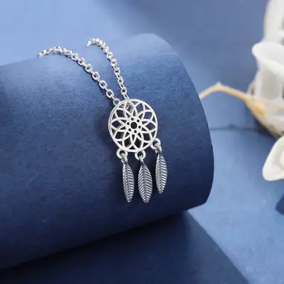 Silver Feather Dream Catcher Necklace for Women