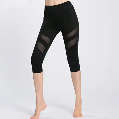 Black Mesh Splice Yoga Pants for Women Capri Length