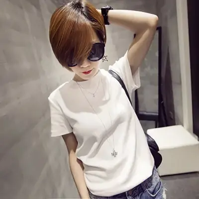 Women White T-Shirt Short Sleeve Slim Fit Crew Neck