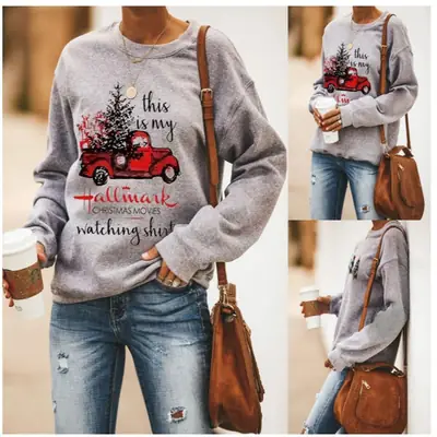 Women's Hallmark Letter Printed Sweater Shirt Grey Round Neck Long Sleeve