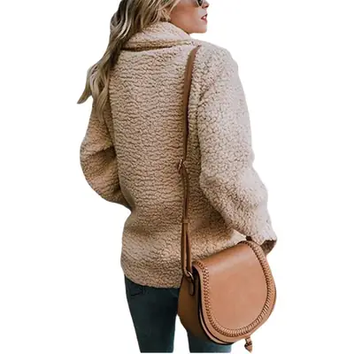 Women's Beige Plush Button Coat Top with Lapels