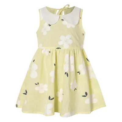 2026 Spring Girls Sleeveless Printed Doll Collar Dress Cotton Linen
